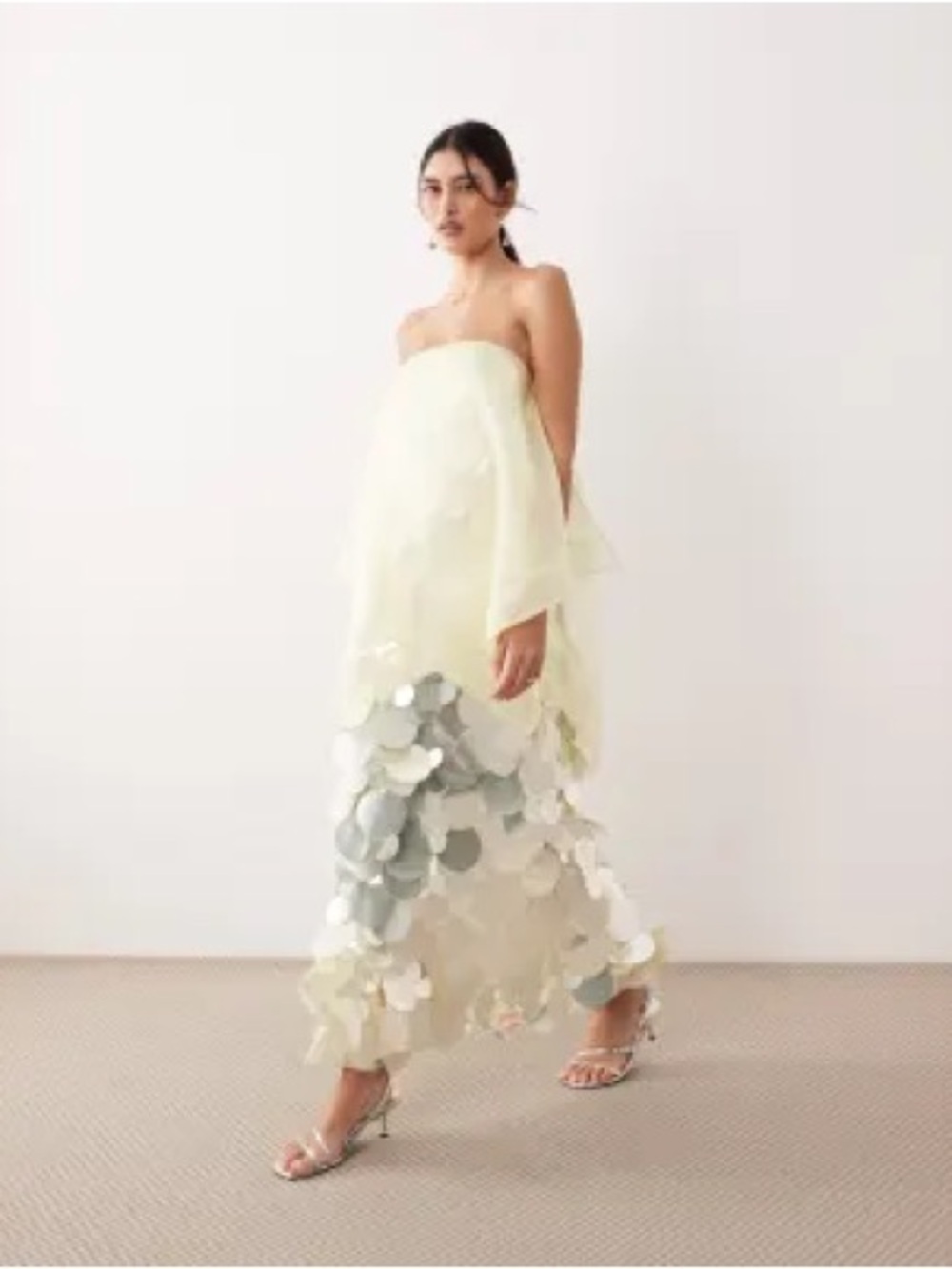 ASOS ARRANGE sequin embellished strapless maxi dress with overlayer buttermilk